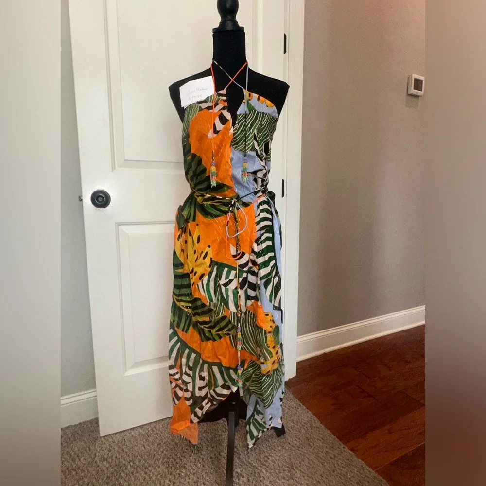 FARM Rio Orange Green Blue Tropical Leaf Halter Swim Coverup